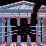 Une agora classique (style grec ancien) flottant dans un espace numérique, mais fracturée en plusieurs morceaux interconnectés par des câbles ou des fils de réseau.