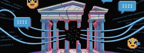 Les réseaux sociaux pourraient-ils enrichir les débats de nos démocraties ? Une agora classique (style grec ancien) flottant dans un espace numérique, mais fracturée en plusieurs morceaux interconnectés par des câbles ou des fils de réseau.