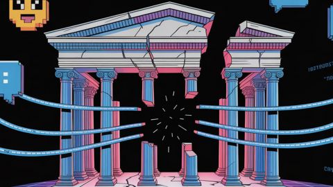 Une agora classique (style grec ancien) flottant dans un espace numérique, mais fracturée en plusieurs morceaux interconnectés par des câbles ou des fils de réseau.