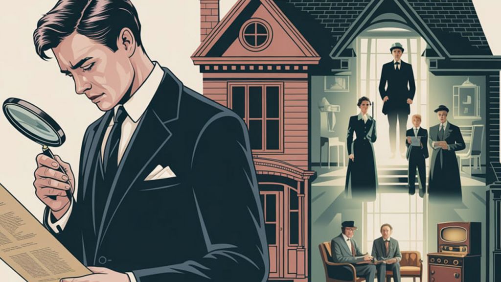 Une illustration d'une sorte de détective avec une maison et des personnages de différentes époques