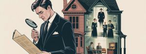 Une illustration d'une sorte de détective avec une maison et des personnages de différentes époques