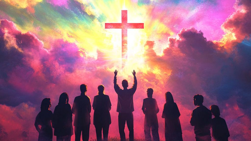 Des erso,nnes de dos, bras levés vers une croix sur ciel arc-en-ciel