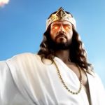 Une capture d'un personnage masculin en robe blanche portant couronne et flamme