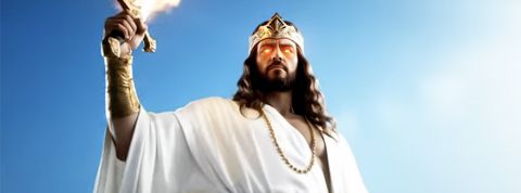 Serpent biblique semblable à un dragon de Game of Thrones et super Jésus qui marche sur les eaux avec style... Bienvenue dans l’univers ultra-kitsch des vidéos religieuses générées par IA. Une capture d'un personnage masculin en robe blanche portant couronne et flamme