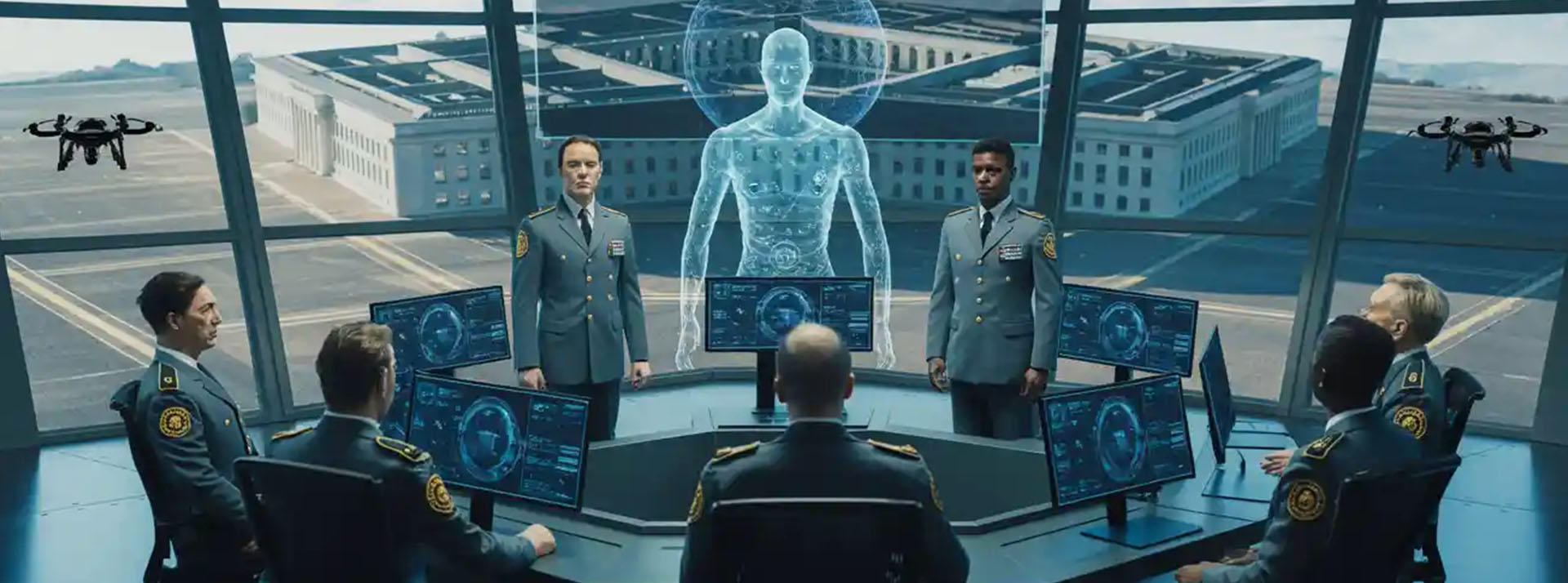 Image IA d'une vision futuirste de militaires super connectés