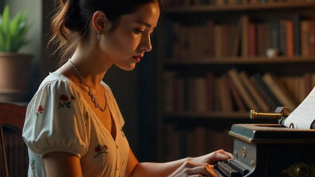 Une jeune écrivaine sur une machine à écrire antique