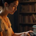 Une jeune écrivaine sur une machine à écrire antique