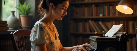 Face à l’IA, les auteurs créent des vidéos pour défendre l’écriture « 100% organique » Une jeune écrivaine sur une machine à écrire antique