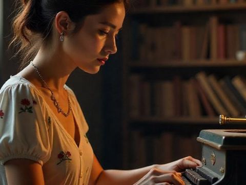 Une jeune écrivaine sur une machine à écrire antique