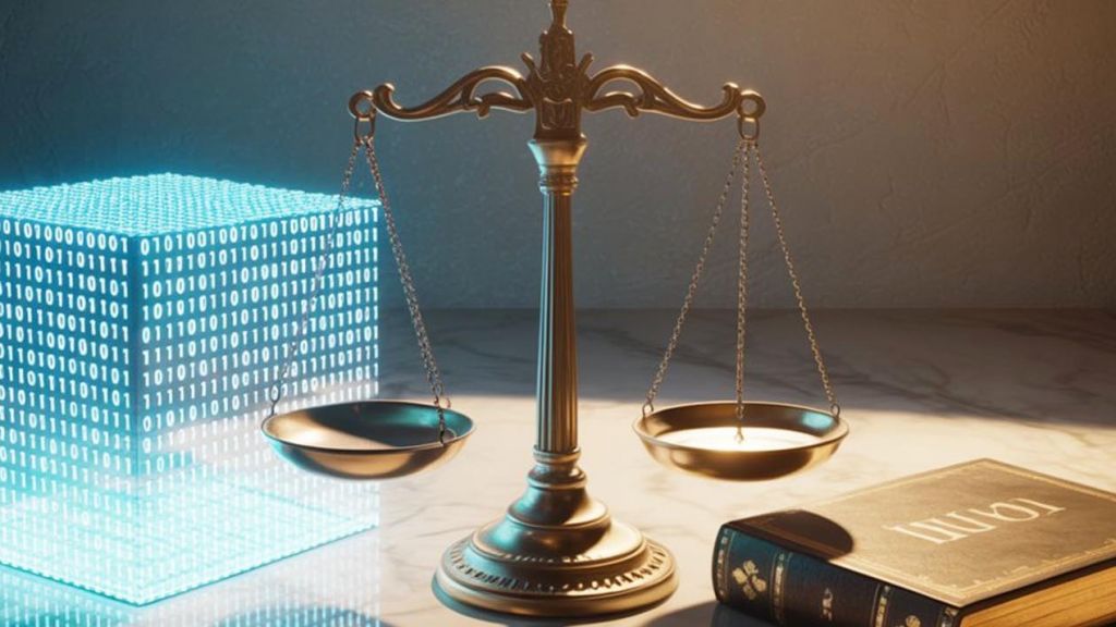 Une balance de la justice, où un algorithme pèse plus lourd qu’un livre religieux