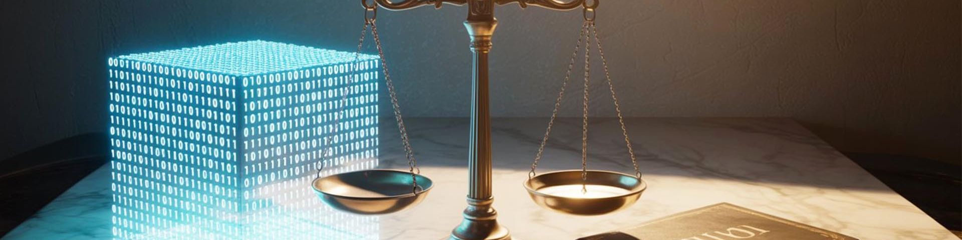 Une balance de la justice, où un algorithme pèse plus lourd qu’un livre religieux