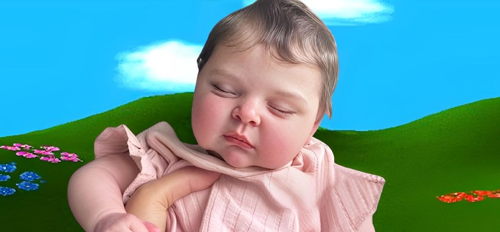 une poupée réaliste sur un fond type Teletubbies