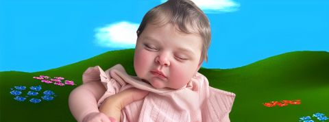 une poupée réaliste sur un fond type Teletubbies