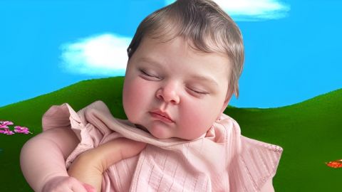 une poupée réaliste sur un fond type Teletubbies