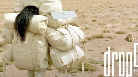 The Climatic Drop : les essentiels d’une planète en transition Une femme brune de dos est ensevelie sous des sacs en textile blanc