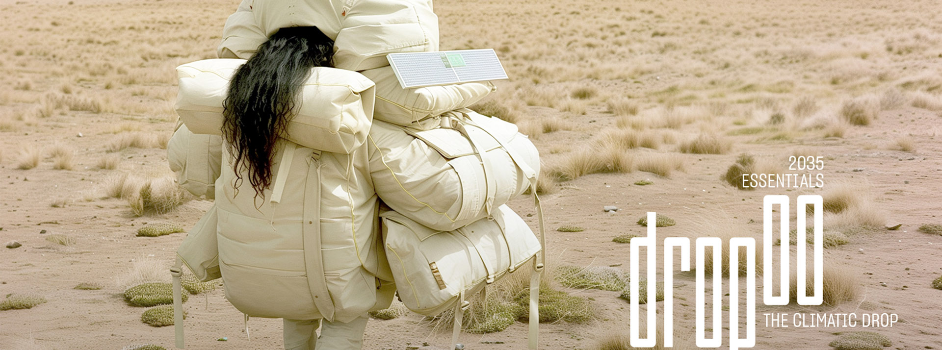 The Climatic Drop : les essentiels d’une planète en transition - L'ADN Une femme brune de dos est ensevelie sous des sacs en textile blanc