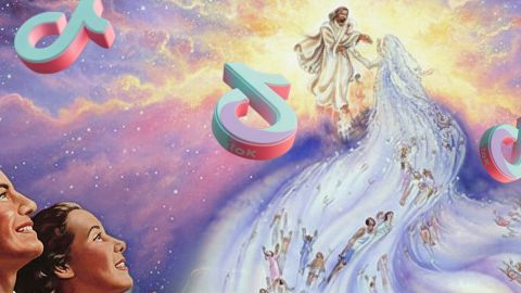 Dieu avec une vague de fidèles luminescente et une famille heureuse qui regarde cette scène