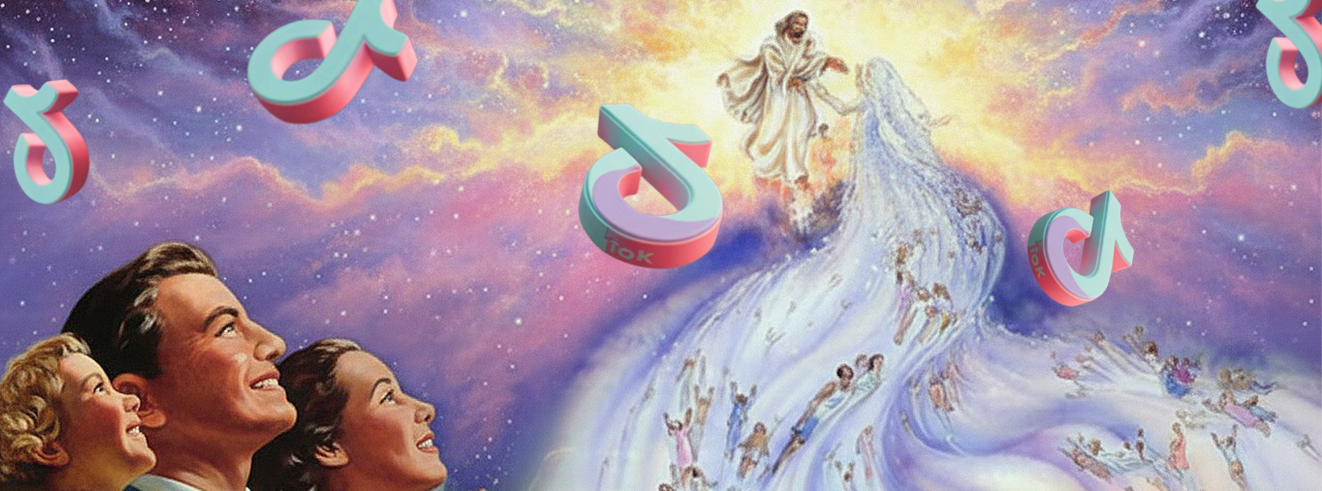 Dieu avec une vague de fidèles luminescente et une famille heureuse qui regarde cette scène