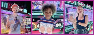 Des jeunes et un enfant qui gagnent des peluches labubu dans des machines à pinces
