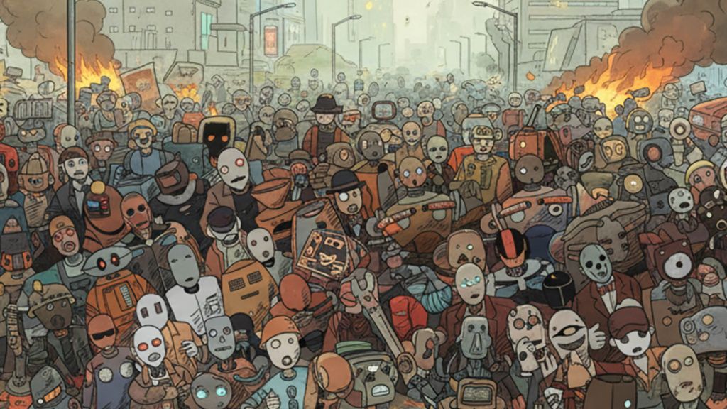 Illustration en couleurs par IA de robots qui manifestent