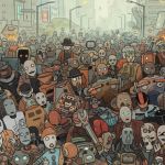 Illustration en couleurs par IA de robots qui manifestent