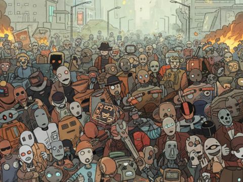 Illustration en couleurs par IA de robots qui manifestent