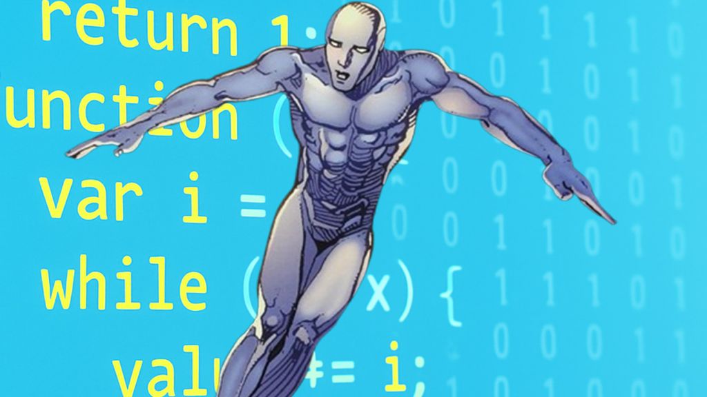 Le surfeur d'argent sur des lignes de codes