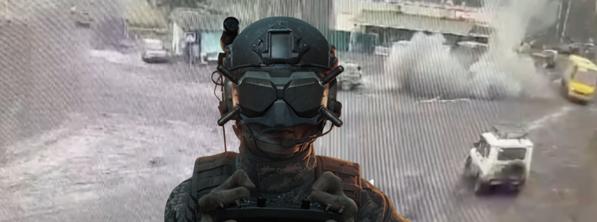 Un soldat avec un masque pour drone FPV tet derrière lui de la fumée