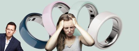 Oura paranoïa : de l'hypocondrie à la surveillance de masse ? Peter Thile, quatre Oura rings de couleur pastel eyt devant une jeune fille très angoissée