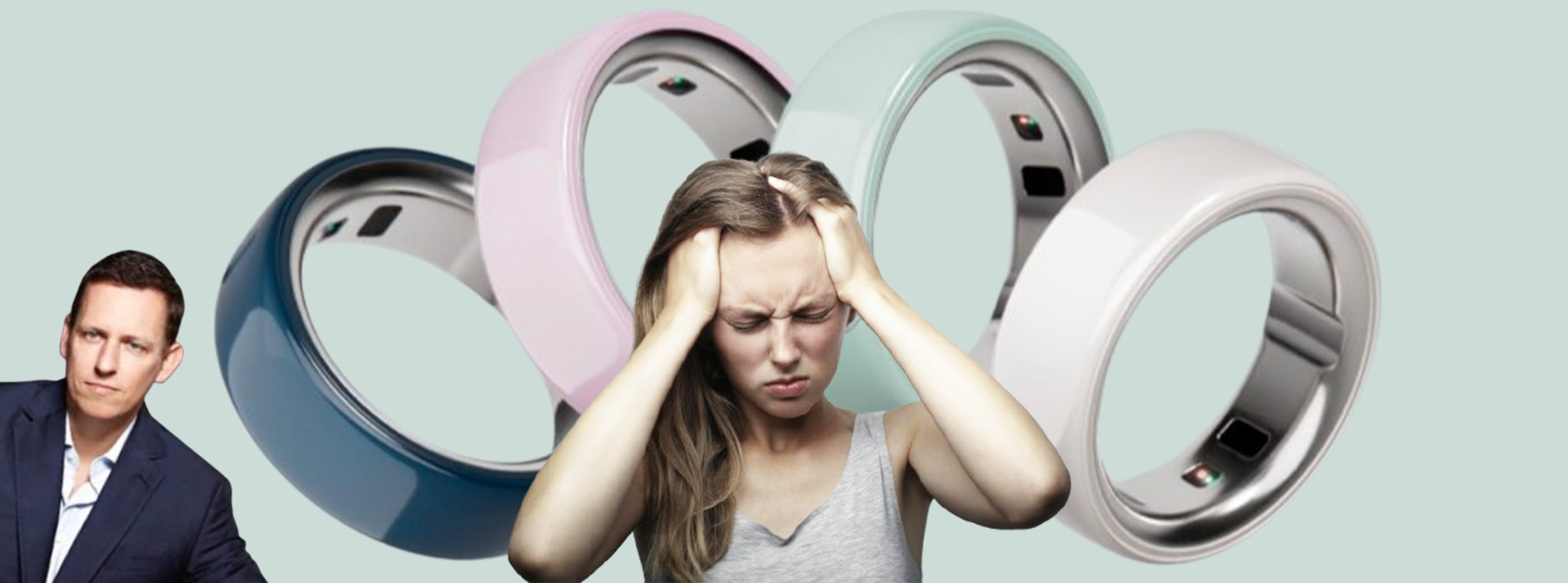 Oura paranoïa : de l'hypocondrie à la surveillance de masse ? - L'ADN Peter Thile, quatre Oura rings de couleur pastel eyt devant une jeune fille très angoissée