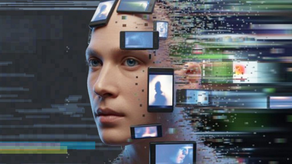 Un visage découpé en plusieurs carrés ou rectangles d’écrans