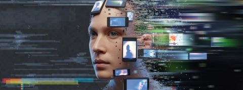 Tendances médias : comment le journalisme peut lutter contre le slop ? Un visage découpé en plusieurs carrés ou rectangles d’écrans