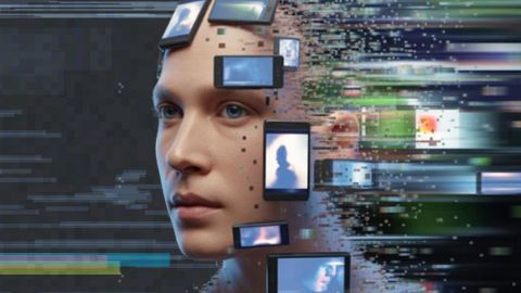 Un visage découpé en plusieurs carrés ou rectangles d’écrans