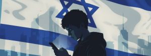 un jeune regarde son telephone sous fond d'un drapeau israélien