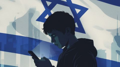 un jeune regarde son telephone sous fond d'un drapeau israélien