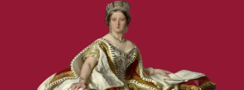 « Ne le faites pas » : sommes-nous en train de promouvoir l’abstinence numérique auprès des ados connectés ? La reien Victoria sur fond rouge carmun avec e visage pixelisé