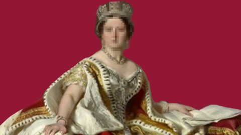 La reien Victoria sur fond rouge carmun avec e visage pixelisé