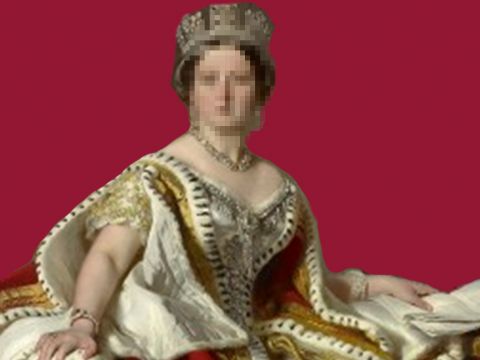 La reien Victoria sur fond rouge carmun avec e visage pixelisé