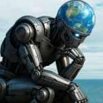 Un robot avec un cerveau Planète terre pensif comme le penseur de Rodin