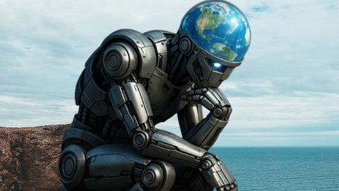 Un robot avec un cerveau Planète terre pensif comme le penseur de Rodin