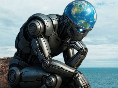Un robot avec un cerveau Planète terre pensif comme le penseur de Rodin