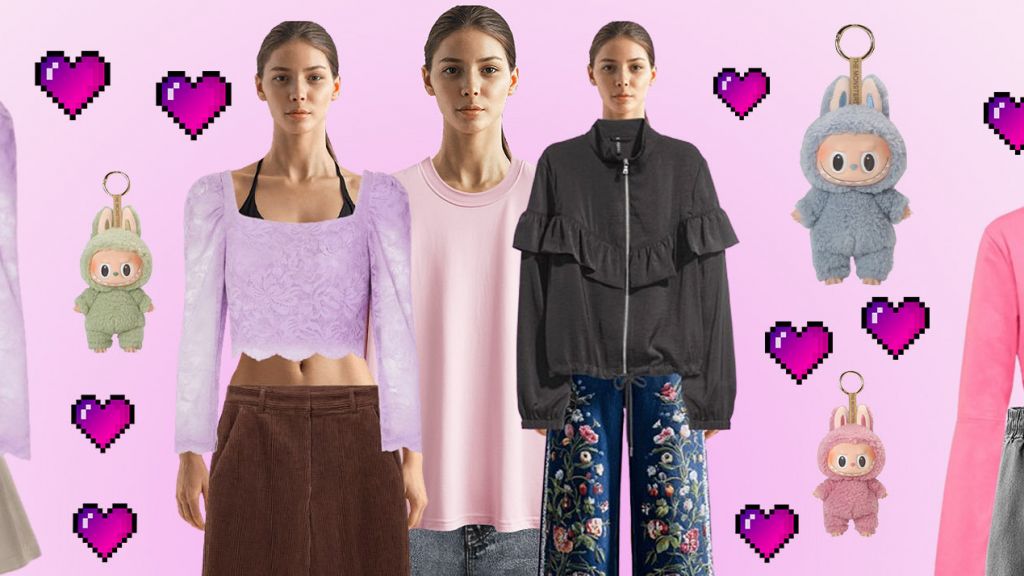 Une fille avec 3 teneus différentes, des labubus et des vêtements