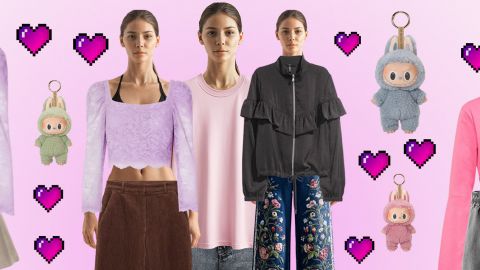 Une fille avec 3 teneus différentes, des labubus et des vêtements