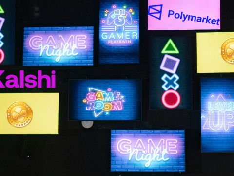 Des écrans de gaming et les logos Polymarket, Kalshi, Myriad
