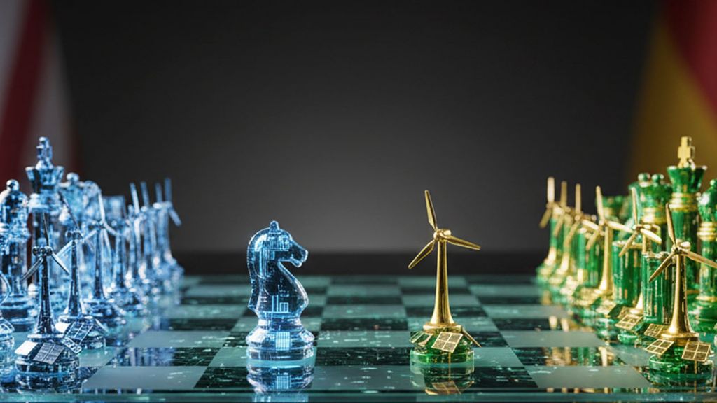 Jeu d'échecs avec pièces holographiques (IA américaine) vs pièces énergétiques vertes (stratégie chinoise)