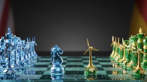 Jeu d'échecs avec pièces holographiques (IA américaine) vs pièces énergétiques vertes (stratégie chinoise)