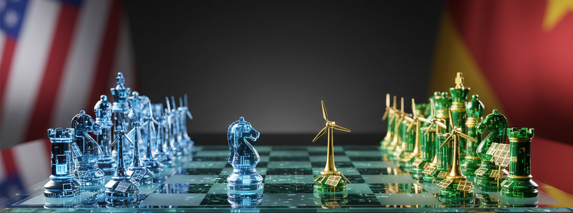 La Cathédrale et l'Usine - L'ADN Jeu d'échecs avec pièces holographiques (IA américaine) vs pièces énergétiques vertes (stratégie chinoise)
