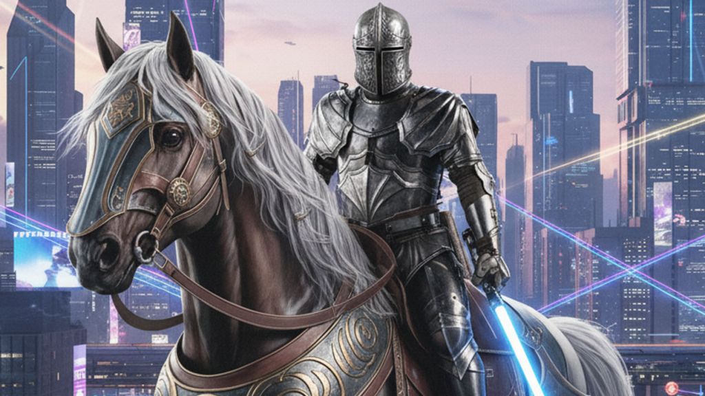 Un chevalier avec un sabre laser dans une ville futuriste