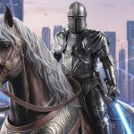 Un chevalier avec un sabre laser dans une ville futuriste