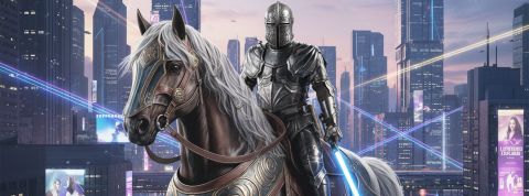Créer un ordre de chevaliers : la solution crypto catho de l’entrepreneur Artur Kluz Un chevalier avec un sabre laser dans une ville futuriste